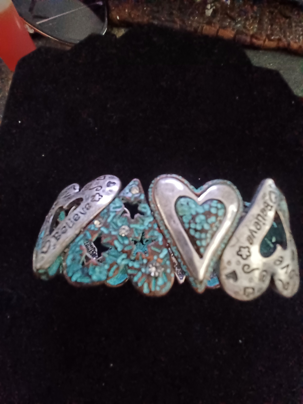Silver Tone And Faux Turquoise Accent Heart Stretch 7"